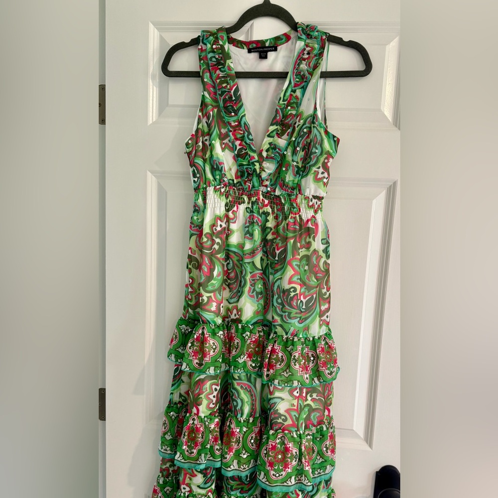 Green and Pink Patterned Sleeveless Dress
